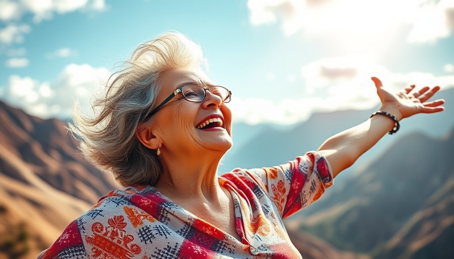 Vibrant older woman embracing freedom against a sunny backdrop.
