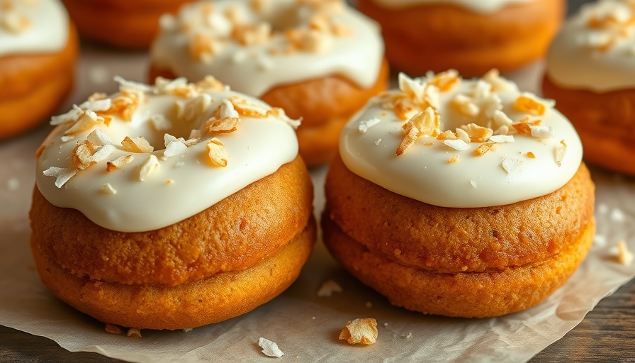 Carrot cake protein donuts with frosting and coconut toppings.