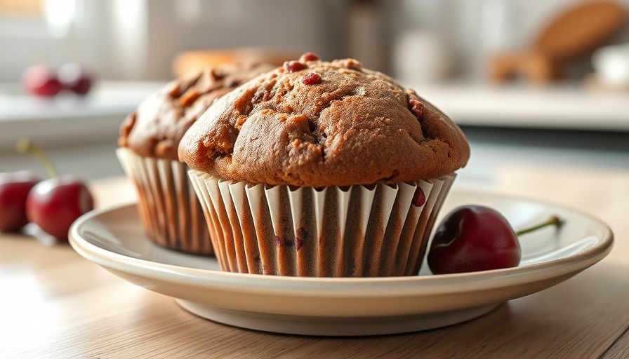Gluten-free mocha cherry muffins with cherries on a plate.