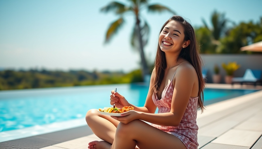 Woman enjoying summer meal by the poolside.