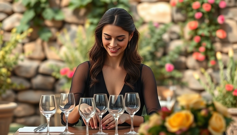 Young woman arranging glassware on a floral-adorned table, Wedding Guest Outfits.