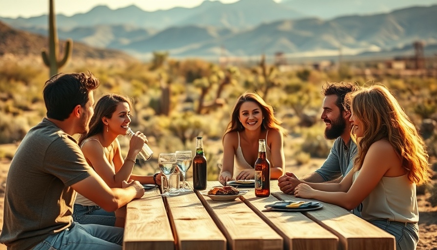 Friends connecting over an outdoor meal in a desert setting.