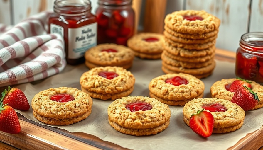 Rustic strawberry oatmeal cream pies on parchment with strawberry jam.
