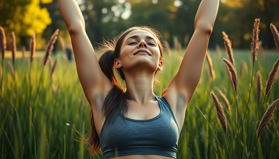 Woman enjoying benefits of grounding outdoors stretching in nature.