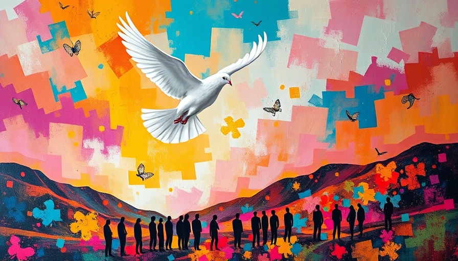 Colorful abstract painting with dove, abstract figures, and vibrant landscape.