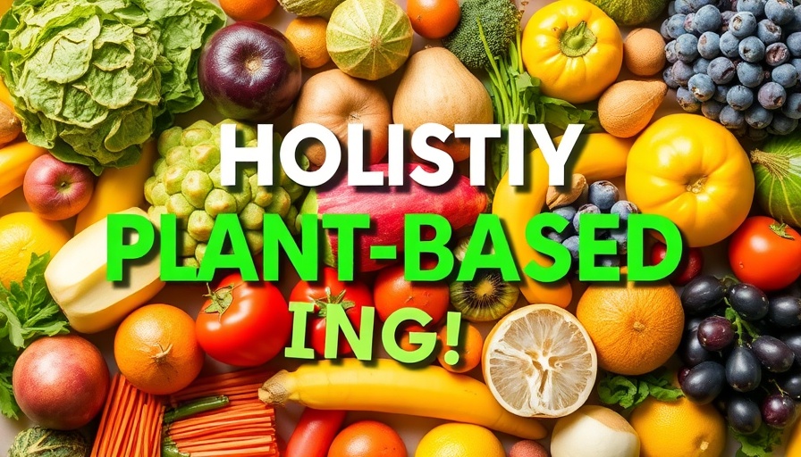 Holistic plant-based living program banner with fruits and text.
