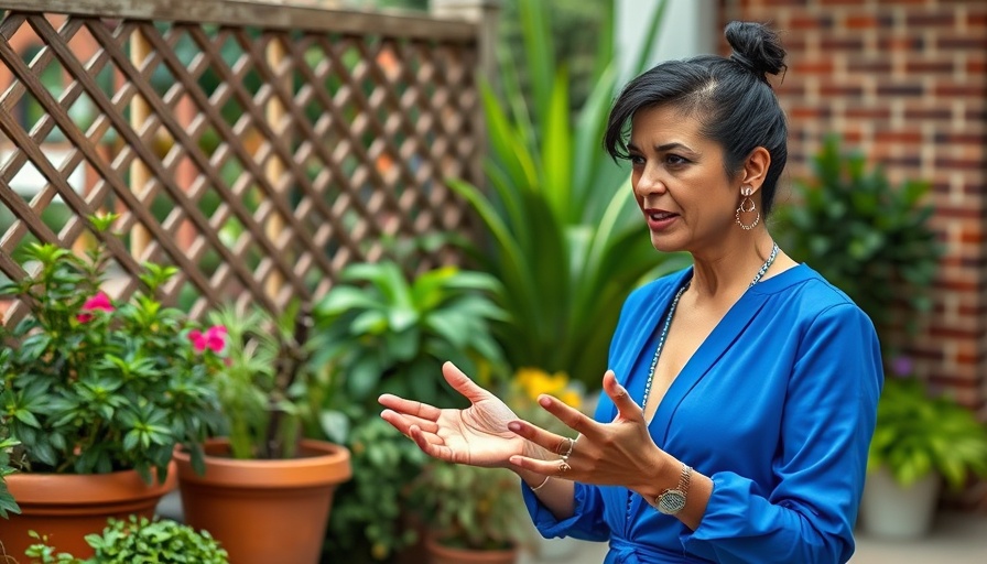 Person discussing container gardening in a small space with a lattice backdrop.