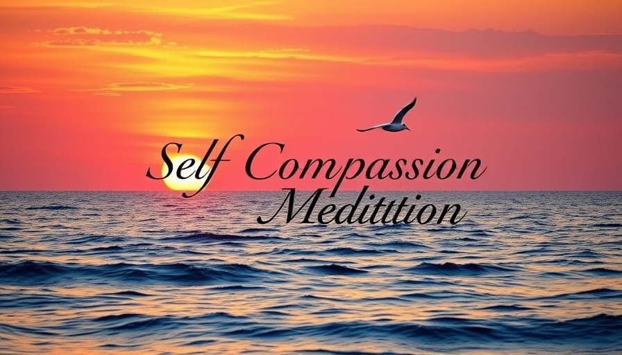 Serene ocean sunset with self compassion meditation text.