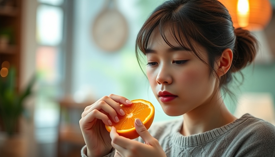 Mindful eating meditation with a woman enjoying an orange slice.