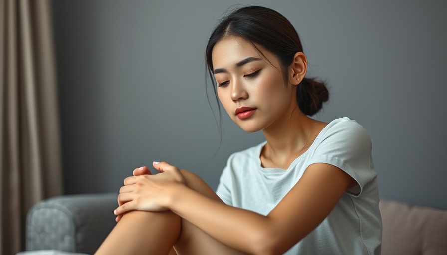 Sclerotherapy transformation in dermatology depicted with woman gently touching her legs.