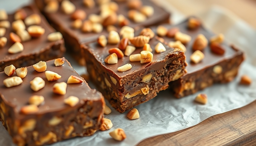Healthy no-bake chocolate peanut butter bars with nuts.
