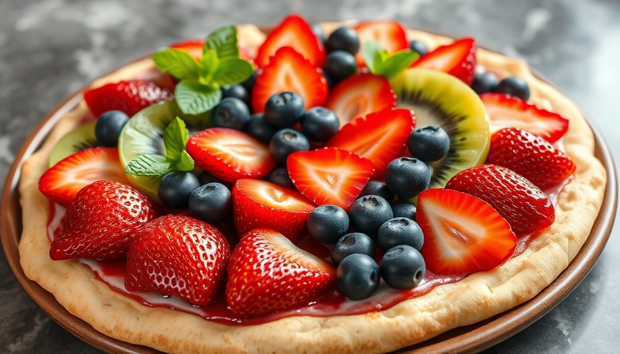 Vibrant fruit pizza with cottage cheese protein, topped with fresh kiwi, strawberries, blueberries, and grapes.