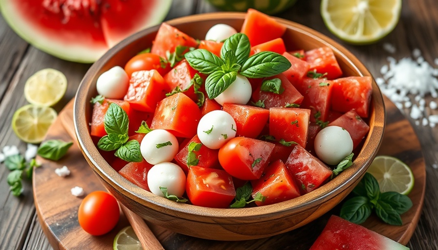 Colorful easy summer salad with watermelon and herbs.