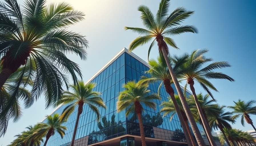 Modern office building with palm trees in San Diego, aerial view.