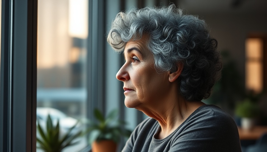 Older woman contemplating menopause and mental health, office setting.