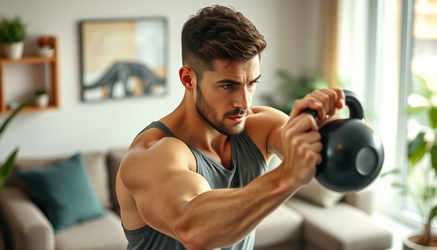 Focused male overcoming barriers to better health by exercising with a kettlebell indoors.