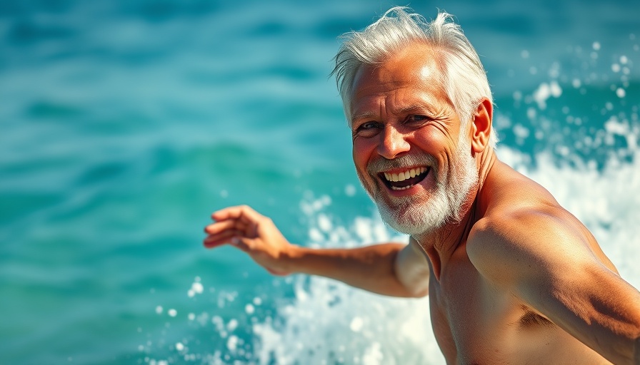 Energetic older man enjoying surfing to optimize testosterone naturally.