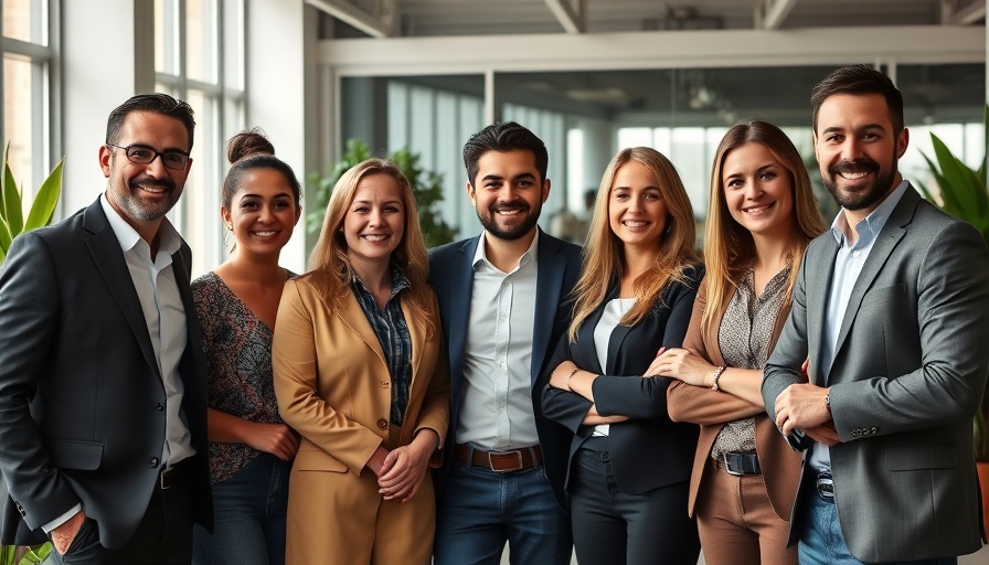 Diverse professionals standing together in a modern office.