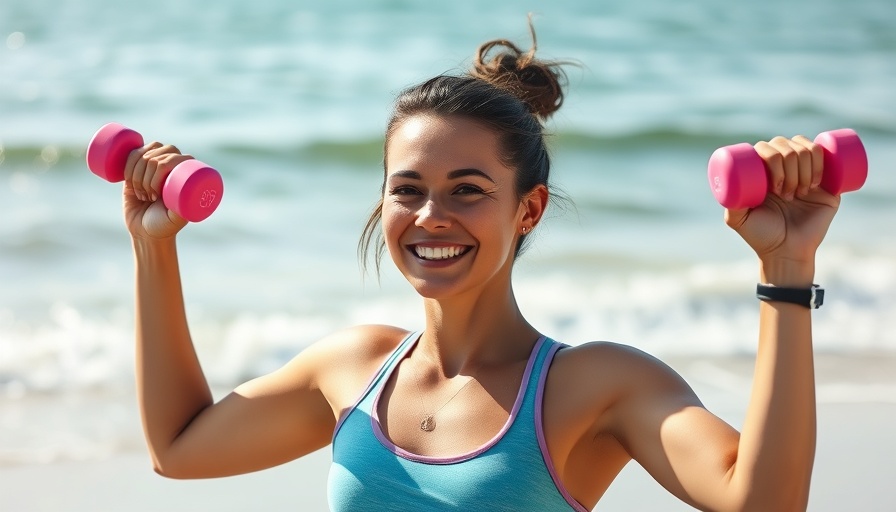 Woman exercising on the beach with pink dumbbells, Tips to Stay on Track with Your Goals.