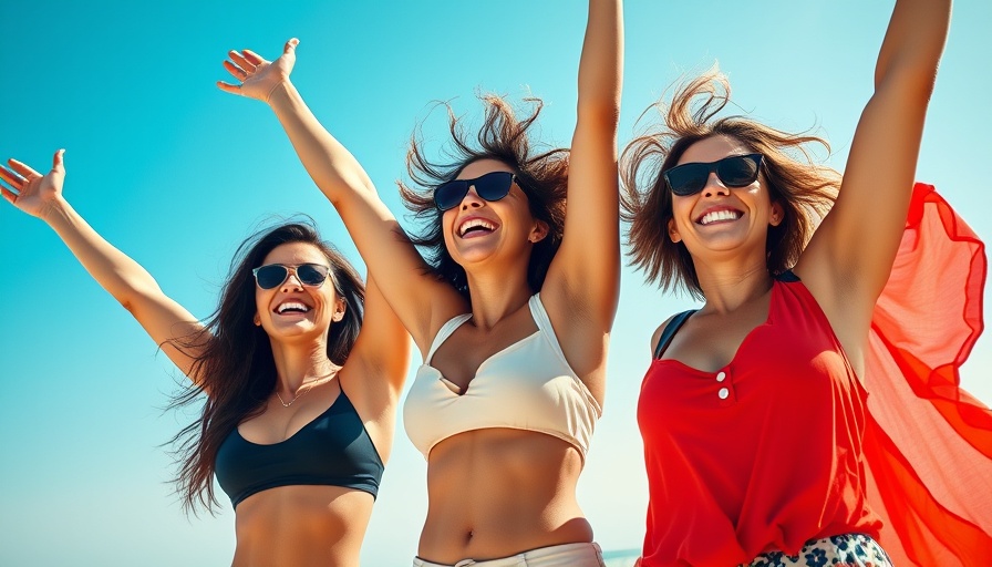 Smiling women enjoying a beach day, promoting a support system for wellness.