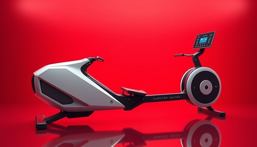 Modern compact rowing machines against a red background.