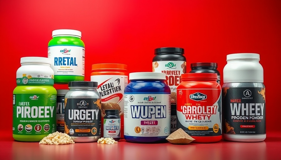 Assorted protein powder containers for weight loss on red background.