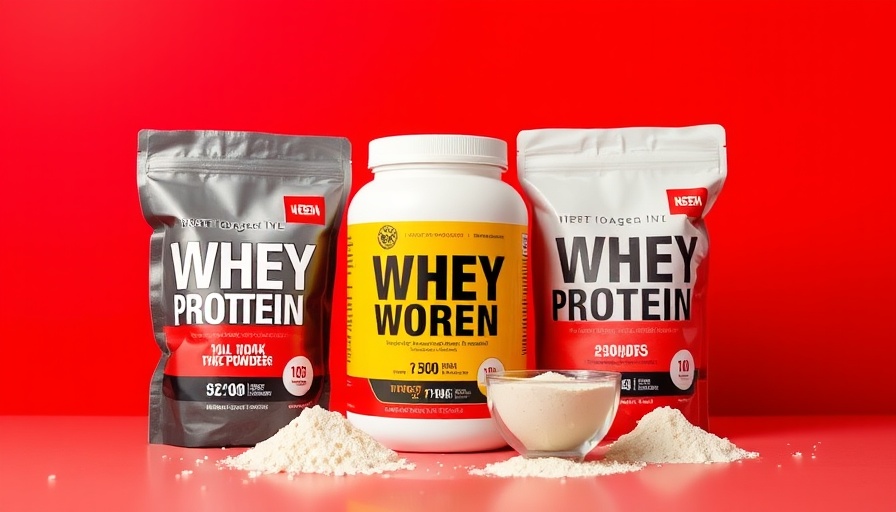 Top whey protein powders 2025 with clear packaging on red background.