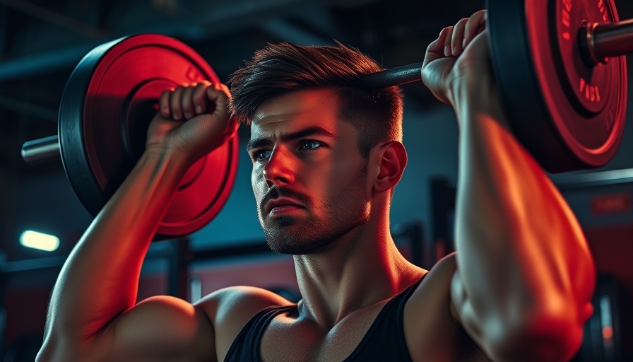 Athlete demonstrating barbell exercise in a dark gym with colored lighting.