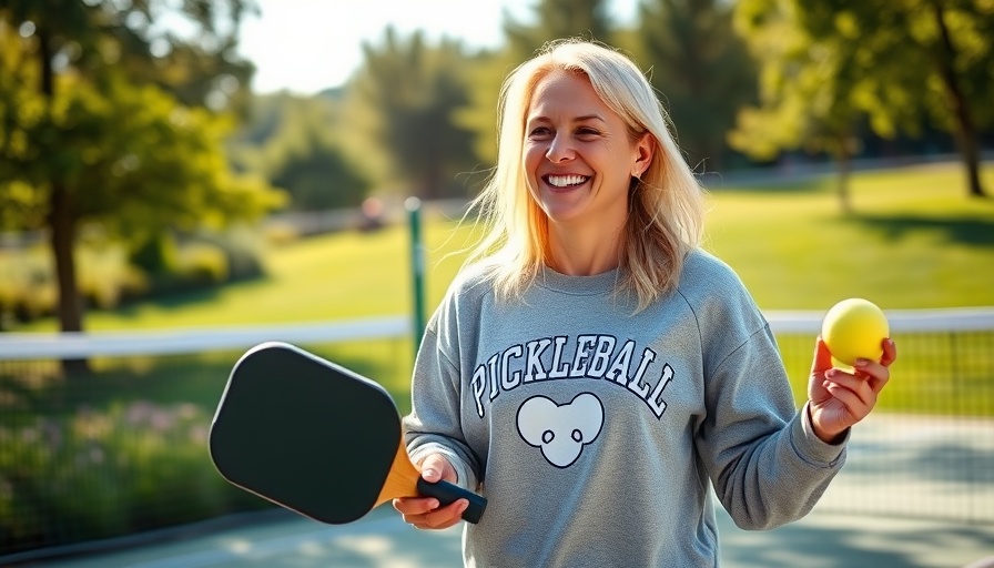 Lauren May enjoying pickleball in sunny park with paddle and ball.