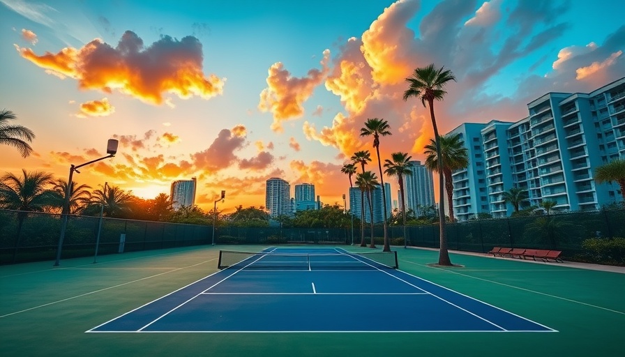 Scenic pickleball court at sunset in a city known for pickleball