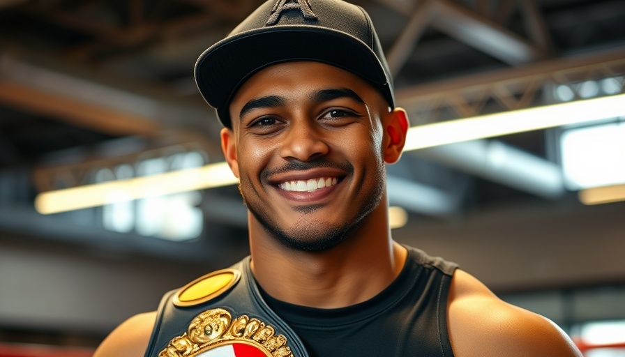 Confident athlete with boxing belt and cap in studio lighting.