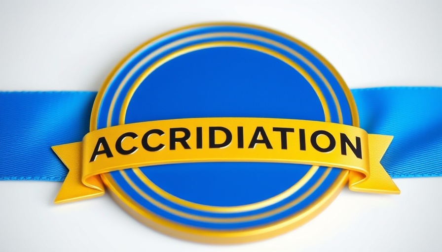 Golden CARF accreditation badge on blue ribbon.