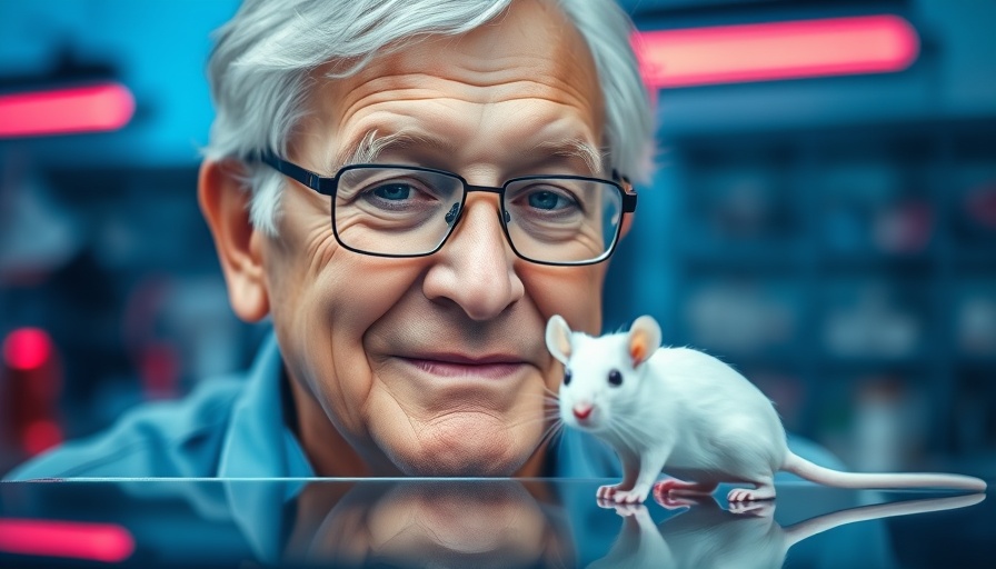 Man observing a lab mouse, symbolizing genetic engineering in India, in a vibrant lab setting.