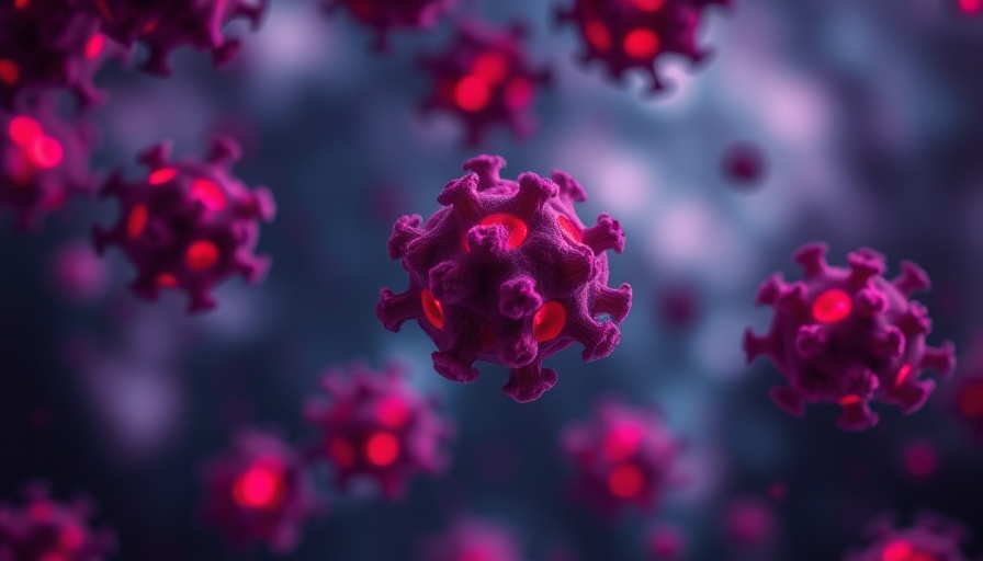 Microscopic view of cancer cells glowing in red and purple hues.