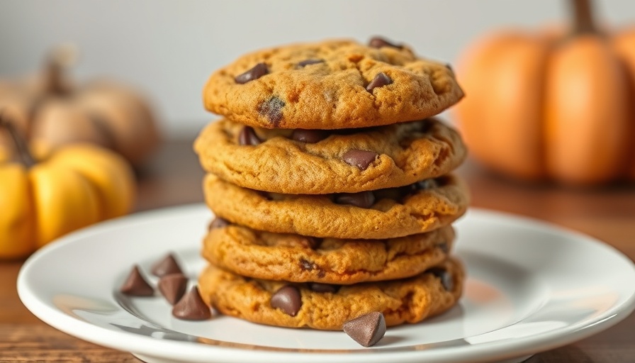 Stack of pumpkin pancake chocolate chip cookies on a white plate