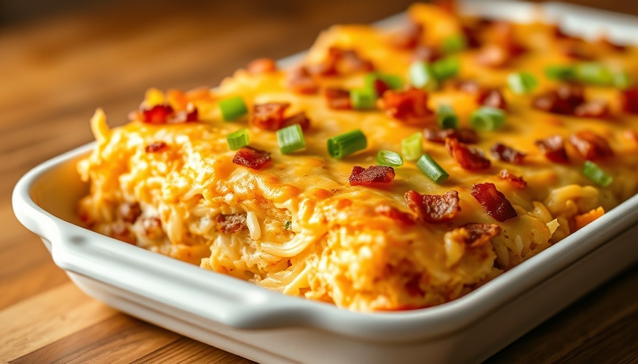 Cheesy hashbrown breakfast casserole with bacon and green onions.
