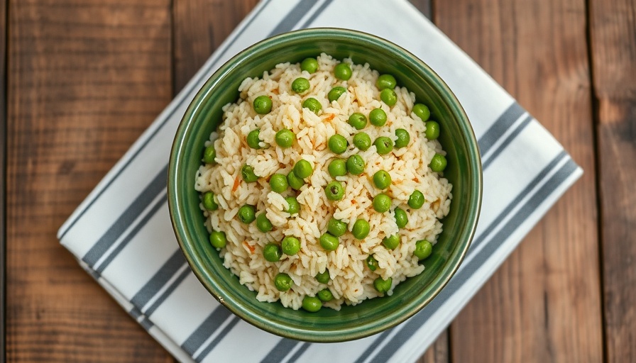 Butter rice with peas in green bowl on wooden table