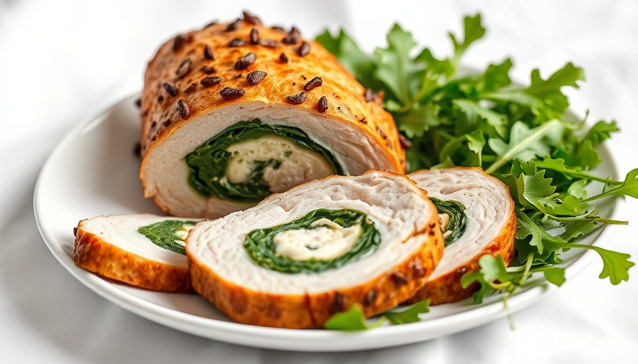 Healthy stuffed pork tenderloin with greens and arugula.