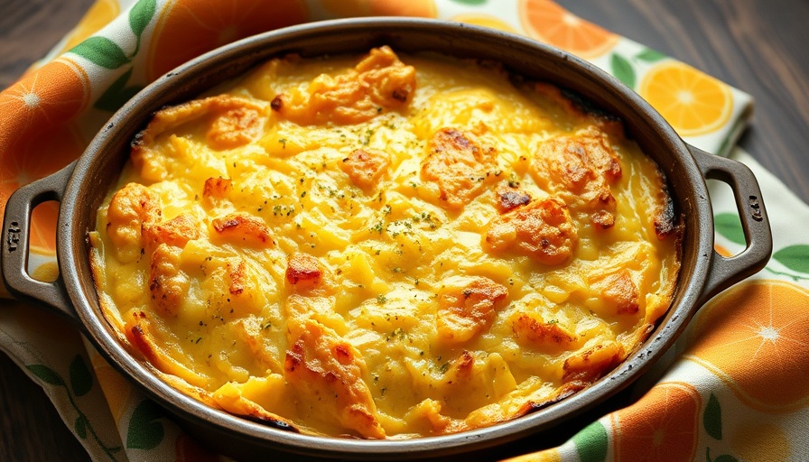 Freshly baked leek and potato gratin in rustic dish with colorful napkin.