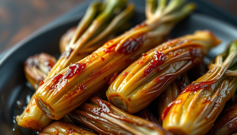 Succulent braised endives recipe on a dark plate close-up.
