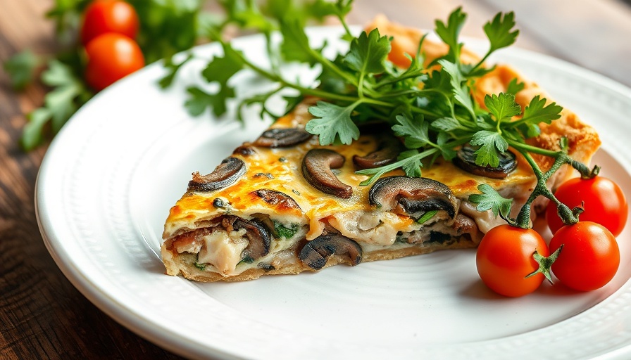 Mushroom quiche recipe slice with arugula and tomatoes.