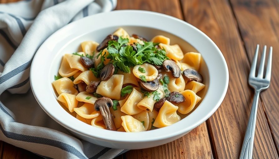 Appetizing creamy mushroom pasta with farfalle and arugula.