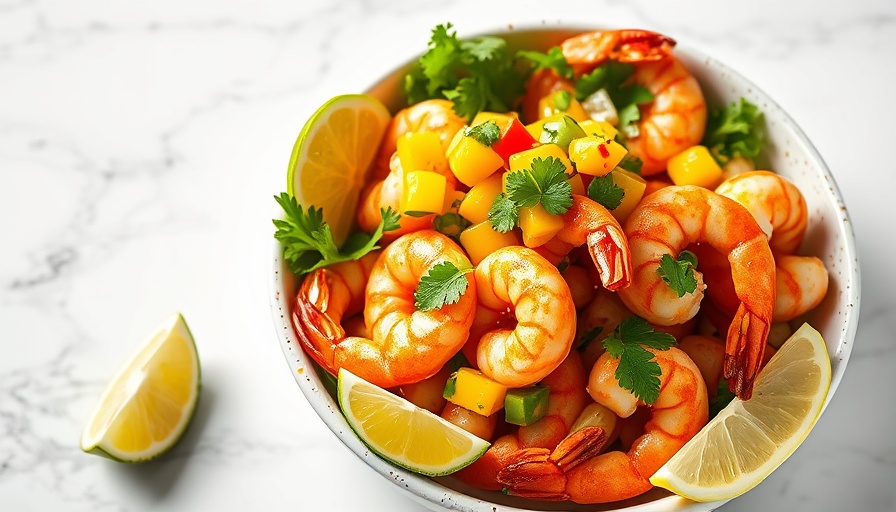 Spicy Caribbean Shrimp Bowls with mango salsa and lime.
