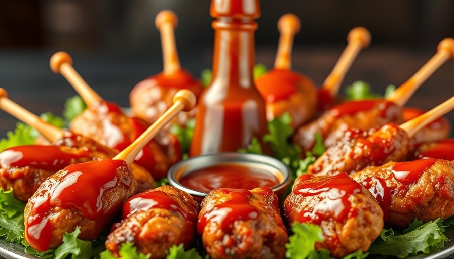 Spicy Prickly Pear Chicken Lollipops with hot sauce and greens.