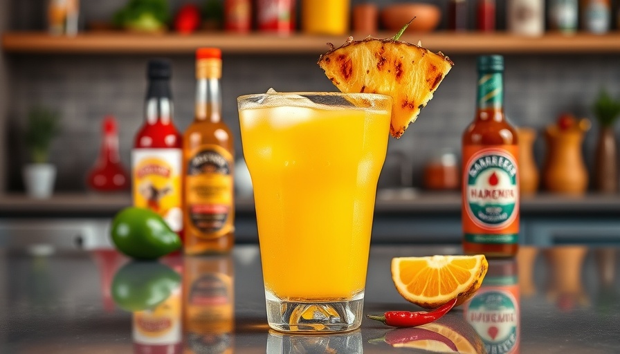 Habanero Grilled Pineapple Margarita surrounded by hot sauce bottles and tequila.