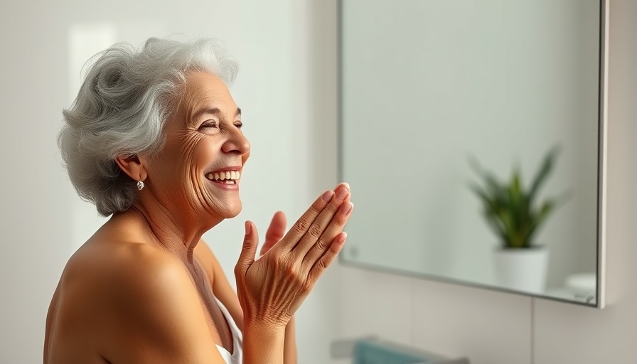 Older woman applying pro age skincare with a smile.