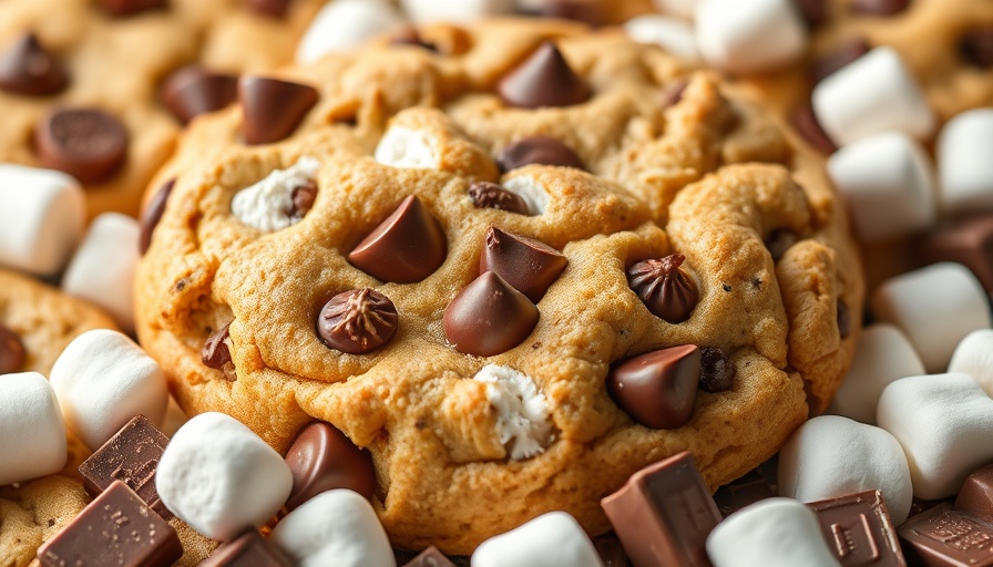 Peanut Butter Crunch S'mores Cookies with chocolate chips and marshmallows.
