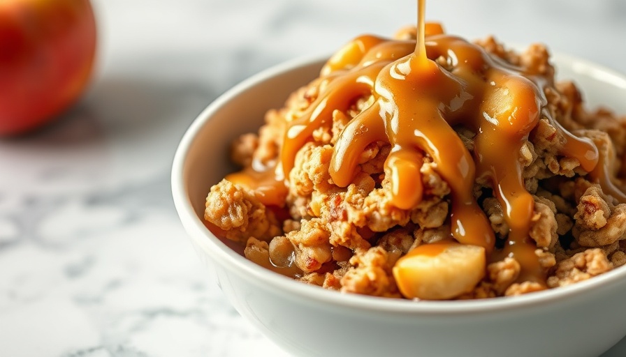 Baked apple oatmeal with peanut butter caramel drizzled on top.