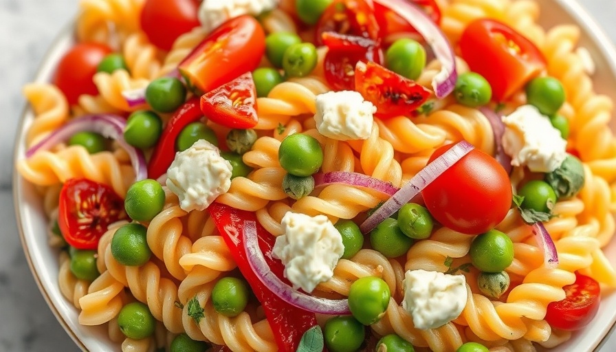 Vibrant cottage cheese roasted red pepper pasta salad with peas and cherry tomatoes.