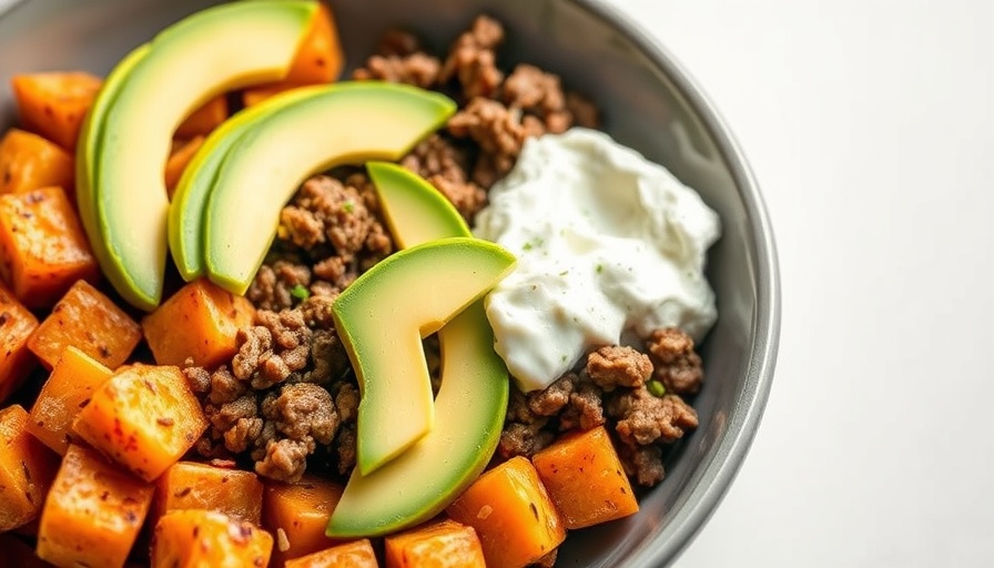 Sweet Potato Hot Honey Ground Beef Bowl with avocado and cottage cheese.